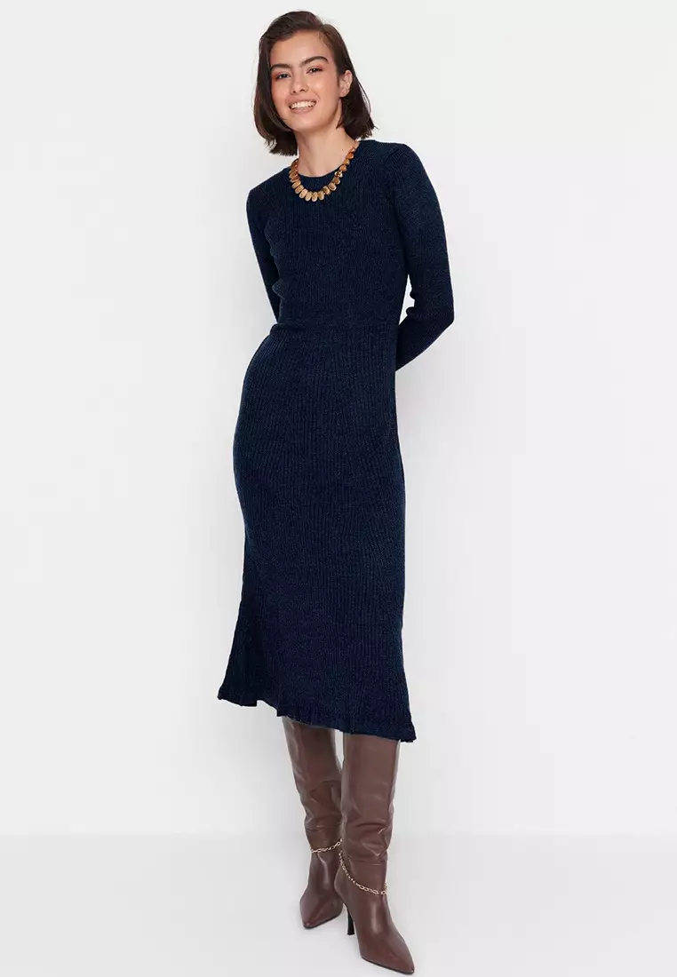 Navy Blue Midi Knitwear Crew Neck Dress