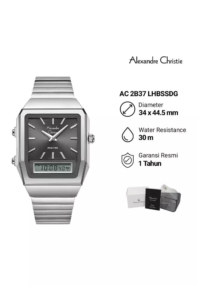 Alexandre Christie Dual Time - Jam Tangan Analog Digital Wanita - Black Dial - All Silver Stainless Steel - 2B37LHBSSDG