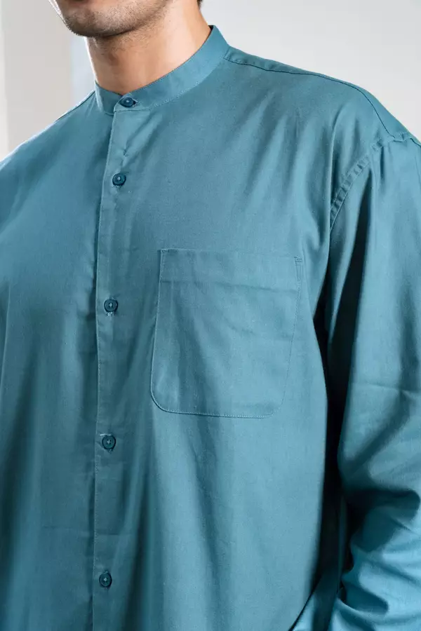 LARUSSO Earth of Whisper - Kemeja Changi Koko Cotton Linen Look Pria Lengan Panjang - Teal