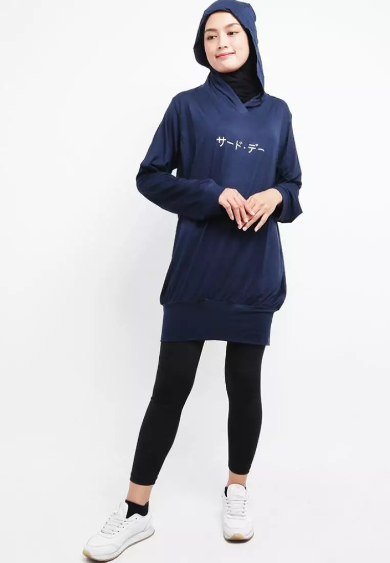 LO024 Hoodie Dress Wanita Ladies Evocot Katakana Navy