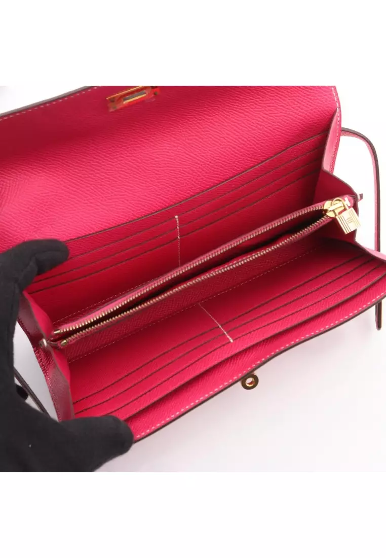 Pre-Loved Hermès kelly wallet long rose tyrian Bi-fold wallet Veau epsom Pink purple gold hardware □Q stamp