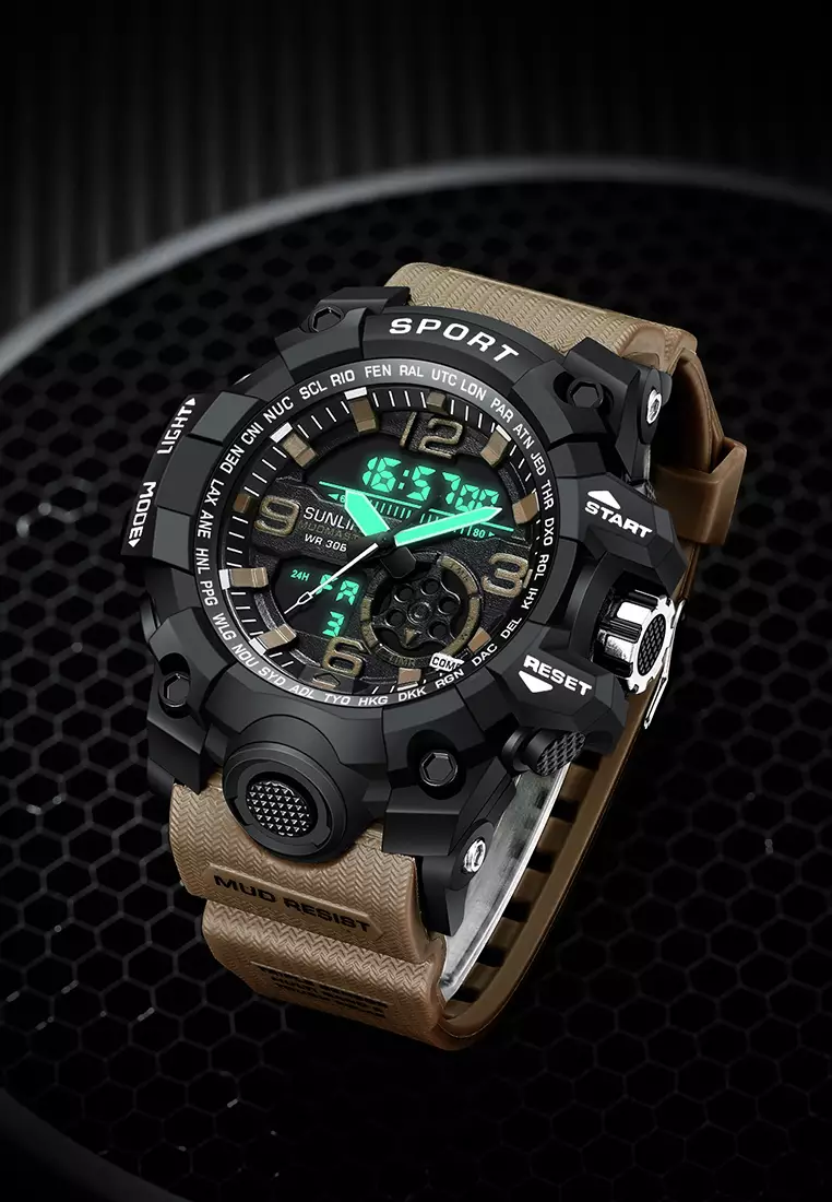 Jam Tangan Pria D002 Original Olahraga Jam Digital Multifungsi Tali Silikon Jam Tangan Cowok Khaki