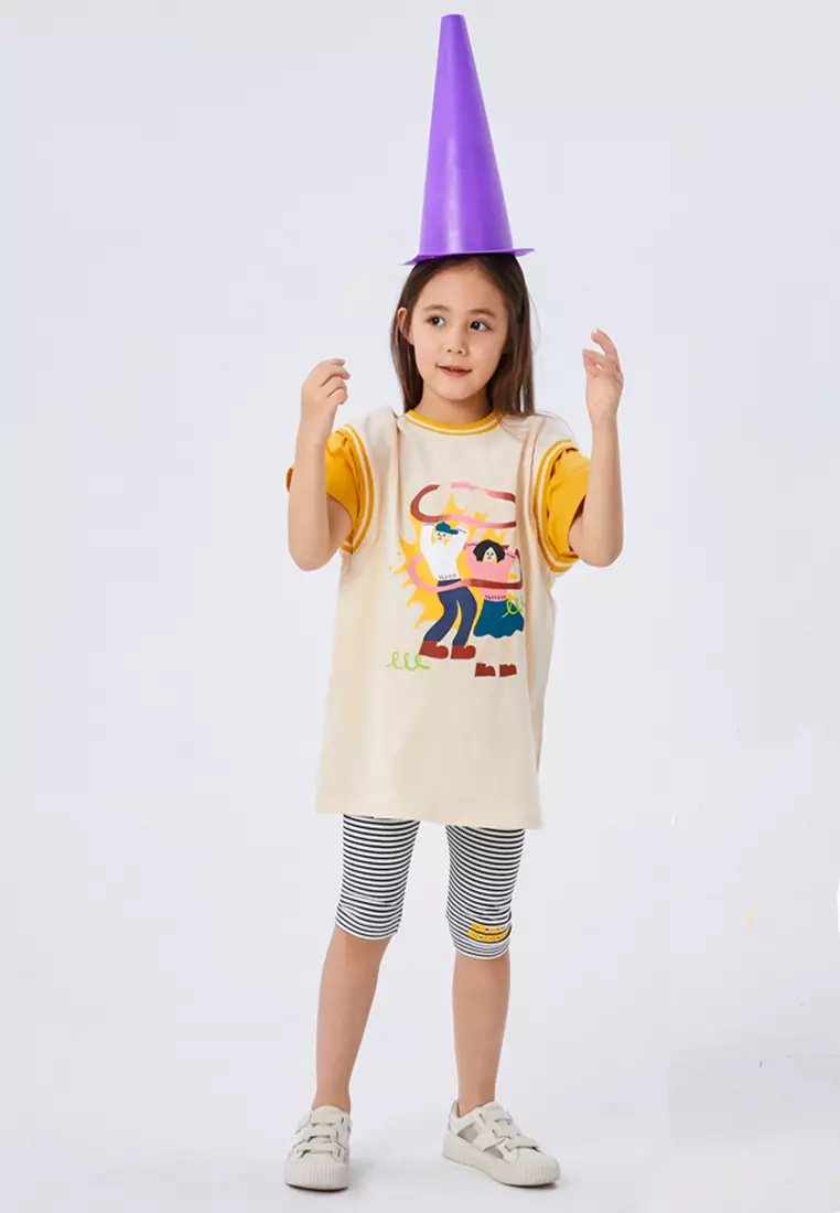 女童打底裤简约下脚口印花设计七分裤