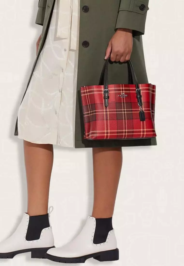 Coach Mollie Tote 25 With Tartan Plaid Print Red Black Multi
