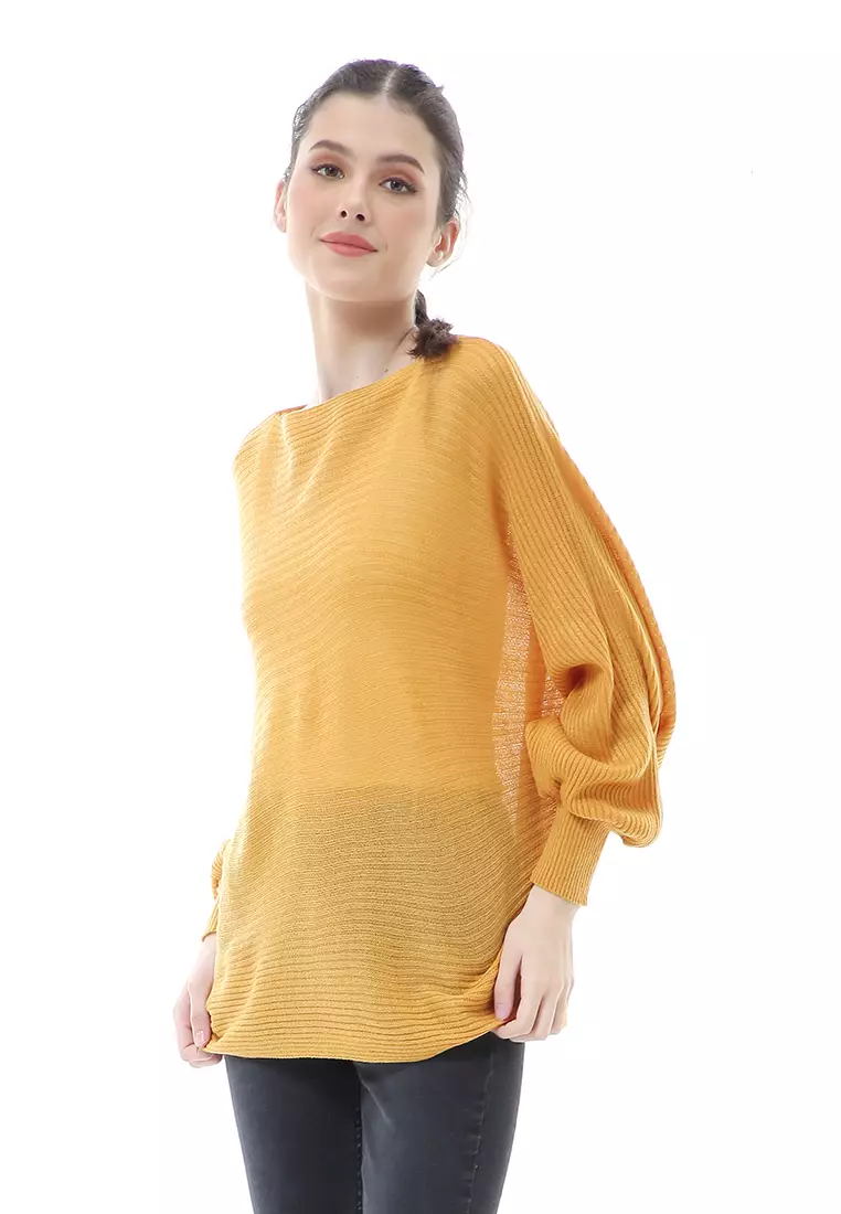 Eveline Sweater Rajut Batwing Atasan Wanita Motif Polos High Quality - Mustard