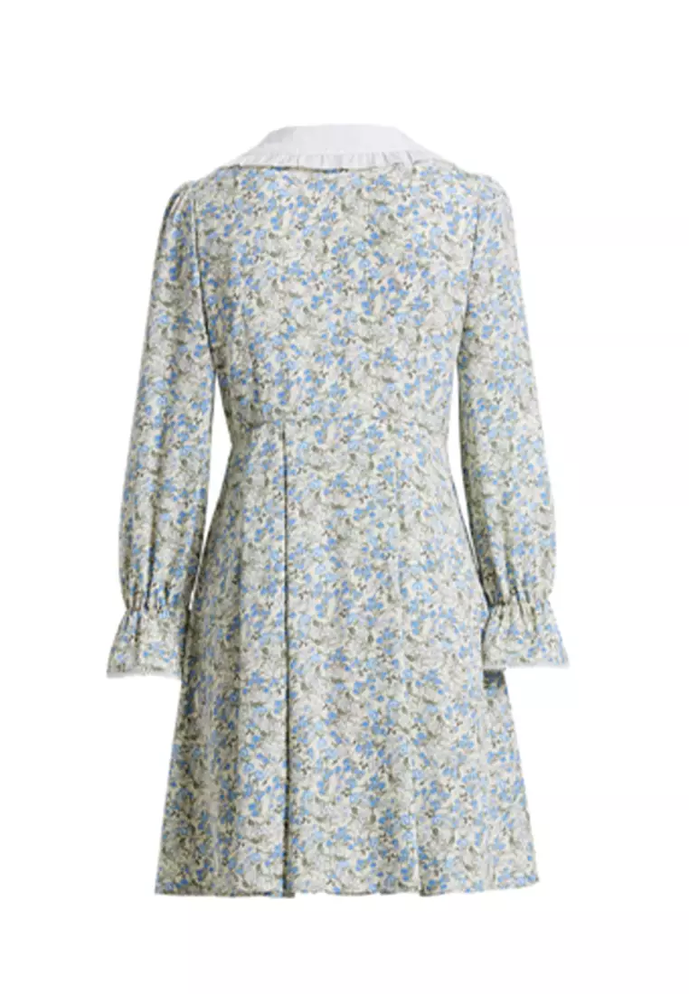Long Sleeve V-Neck Vintage Collar Midi Floral Dress