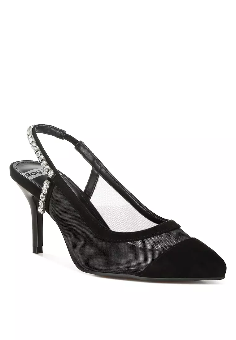 Sandal Slingback Tumit Stiletto Warna Hitam