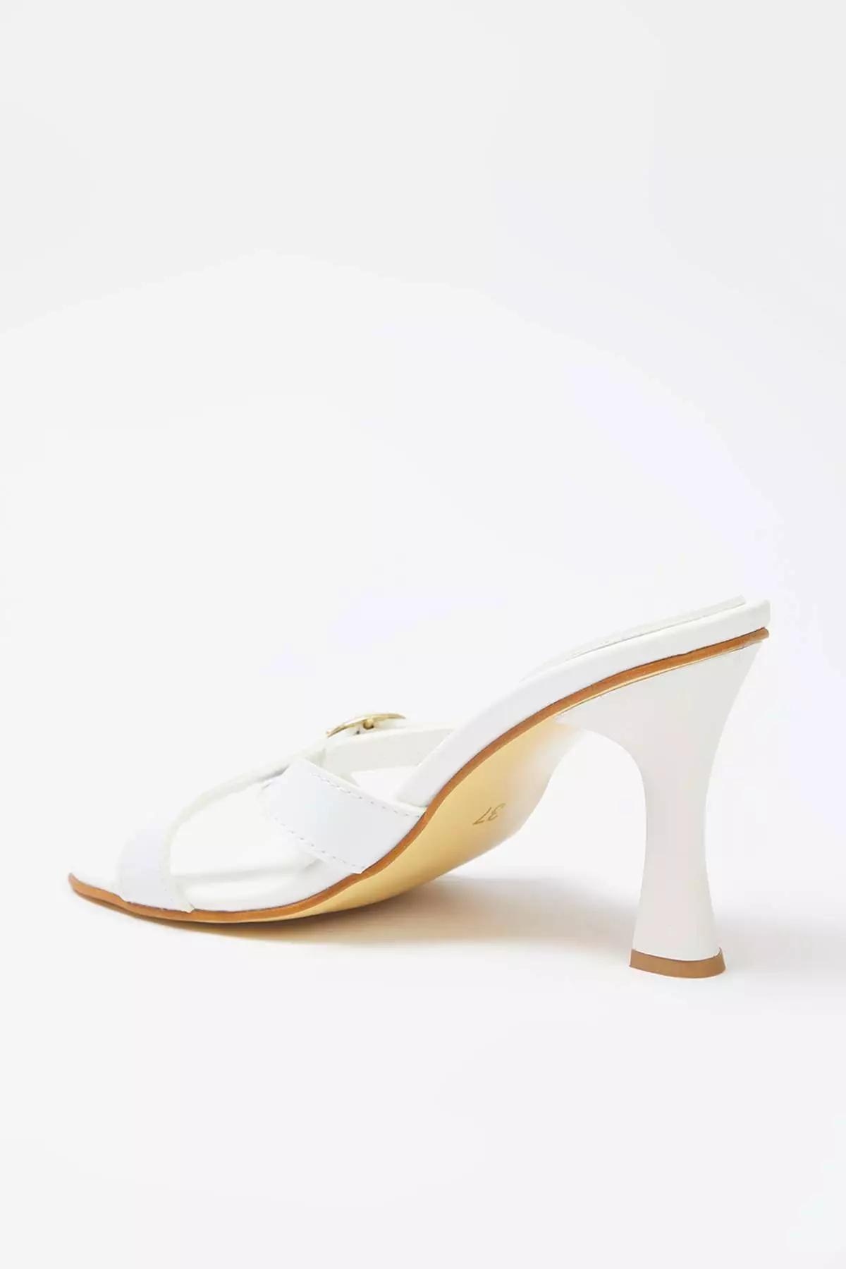 White Gold Buckle Square Toe Women Heels Slippers Takss25To00035