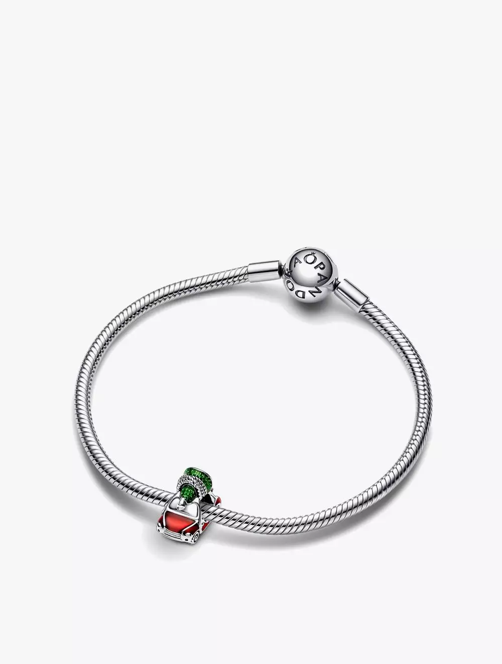 Car and Christmas tree sterling silver charm with transparent glossy red and translucent green enamel