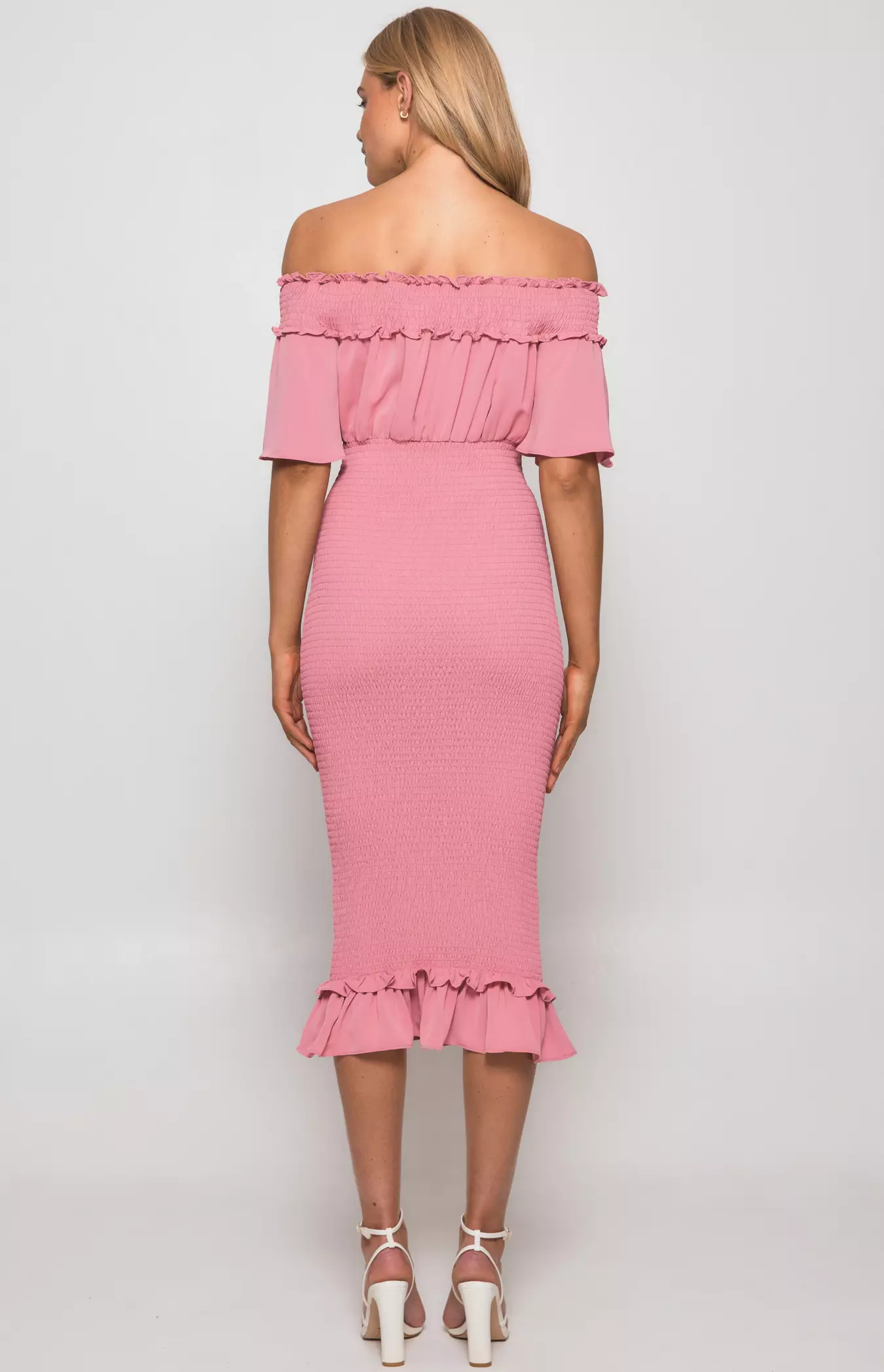 Off The Shoulder Shirred Midi Dress