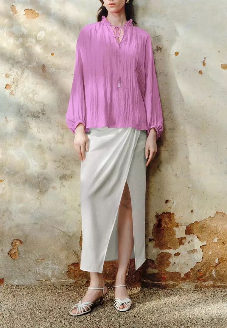 High Waist Ruched Draped Midi Wrap Skirt