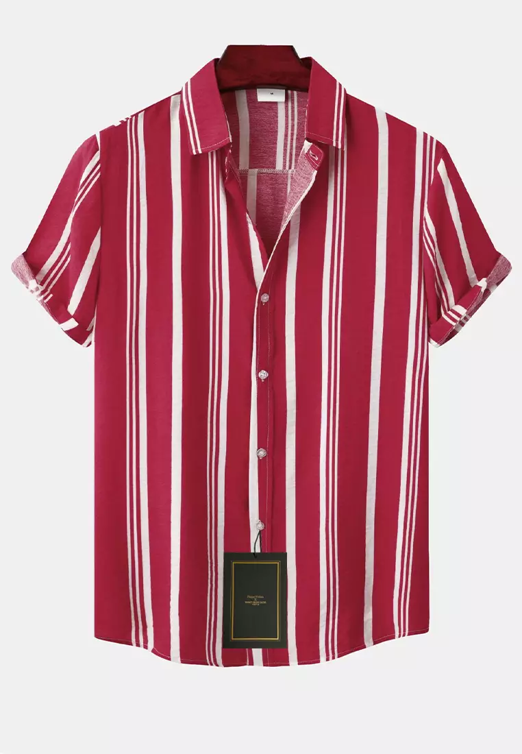 Red and white 2025 striped short sleeve shirt