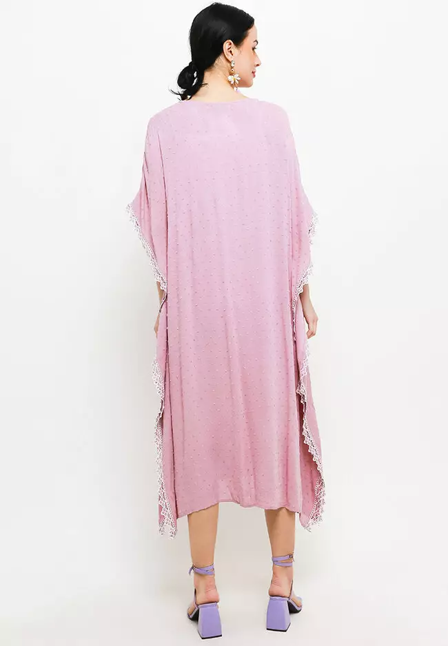 2 Tone Lace Trimmed Swiss Dot Batwing Kaftan