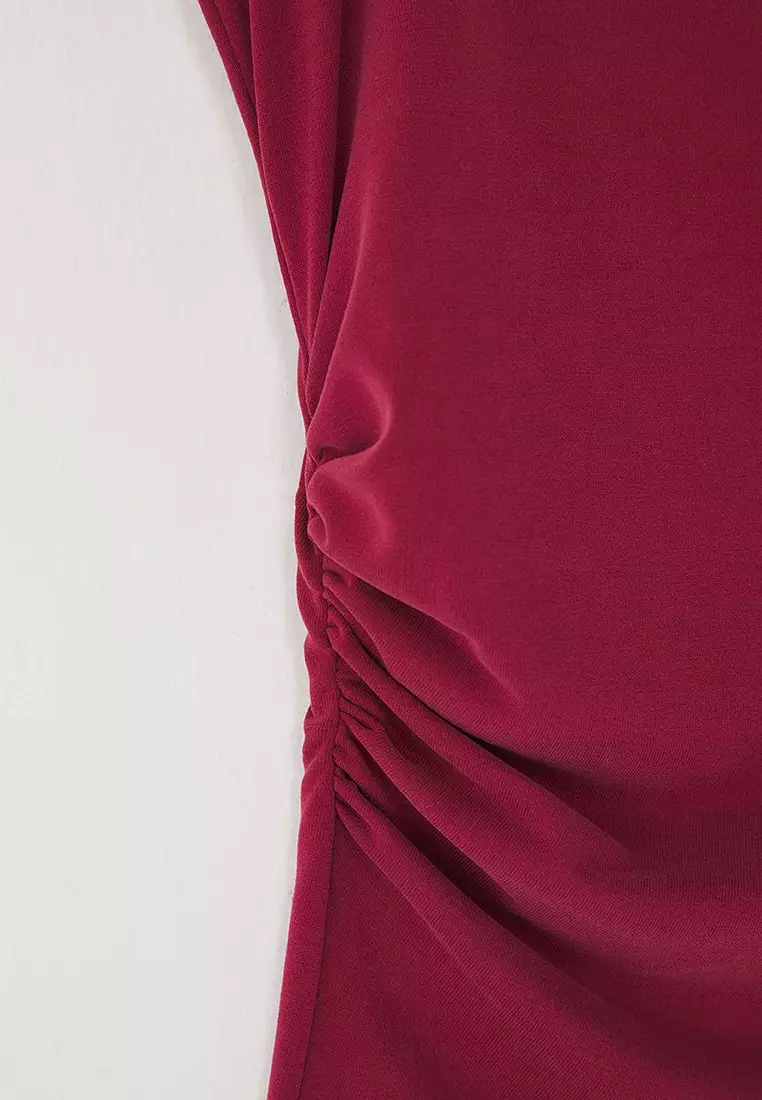 Burgundy More Sustainable Modal Content Drape Detailed Degaje Collar Knitted Large Size Blouse Tbbss25Af00114
