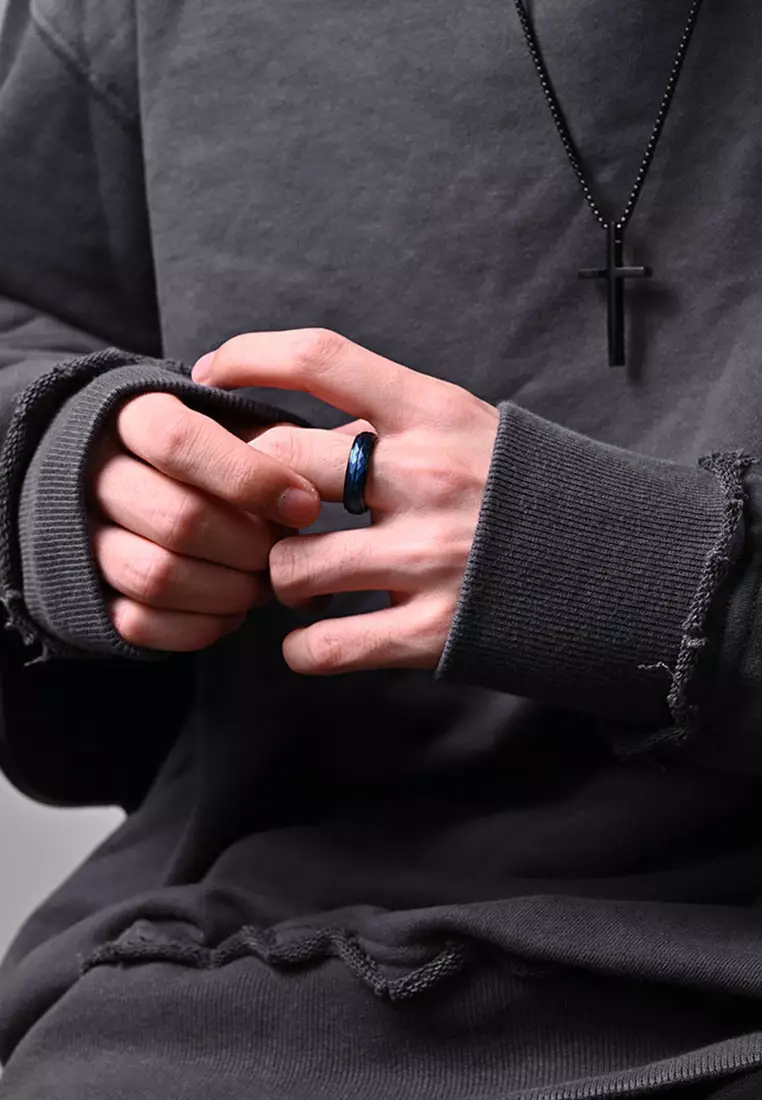 Rhombus Surface Blue And Black Matching Tungsten Steel Ring JW QF-007