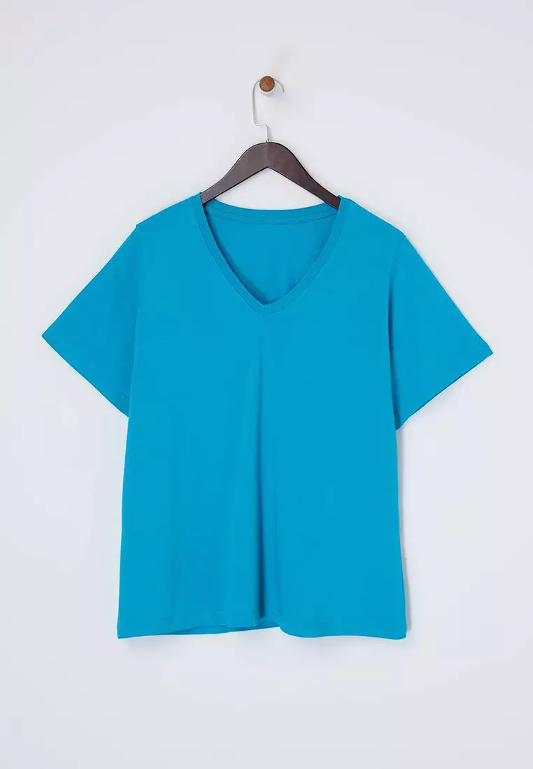 Petrol V-Neck Basic 100% Cotton Knitted T-Shirt Tbbss22Bf0028