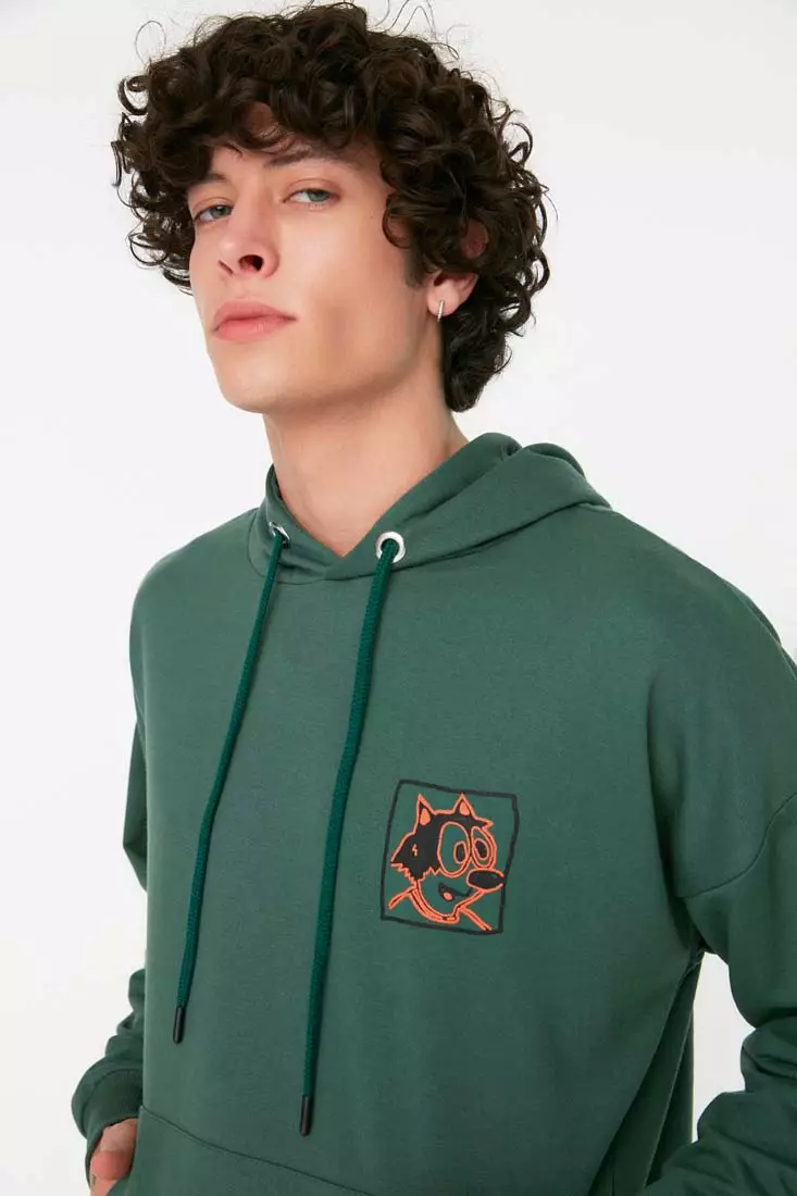 Green Men's Oversize/Wide-Fit Hoodie with Printed Back Sweatshirts