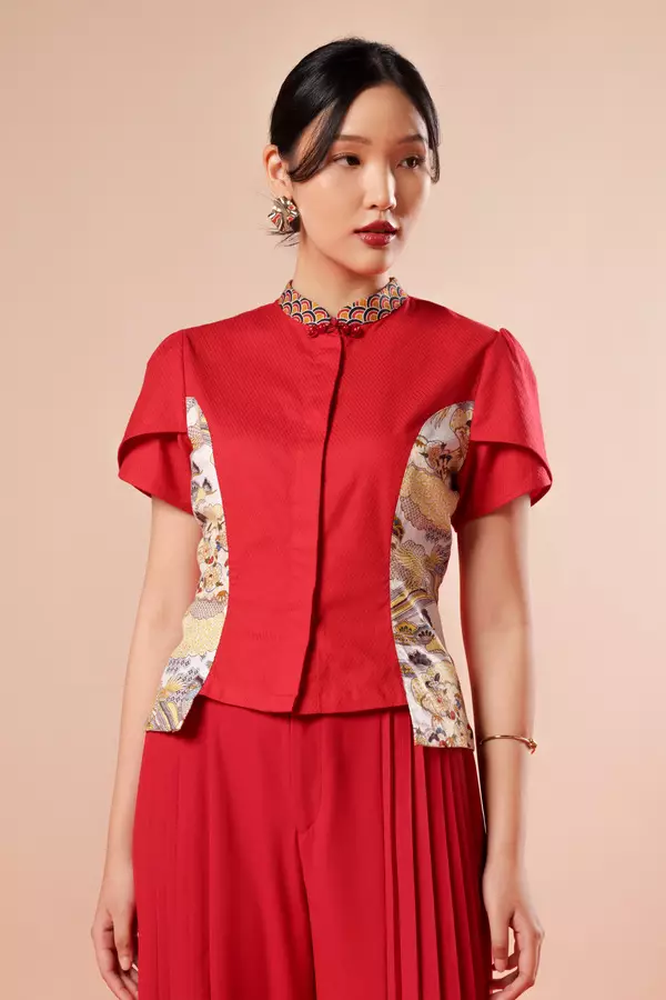 MINIMAL x Melvee - Genji - Printed Tulip Sleeve Top - Red