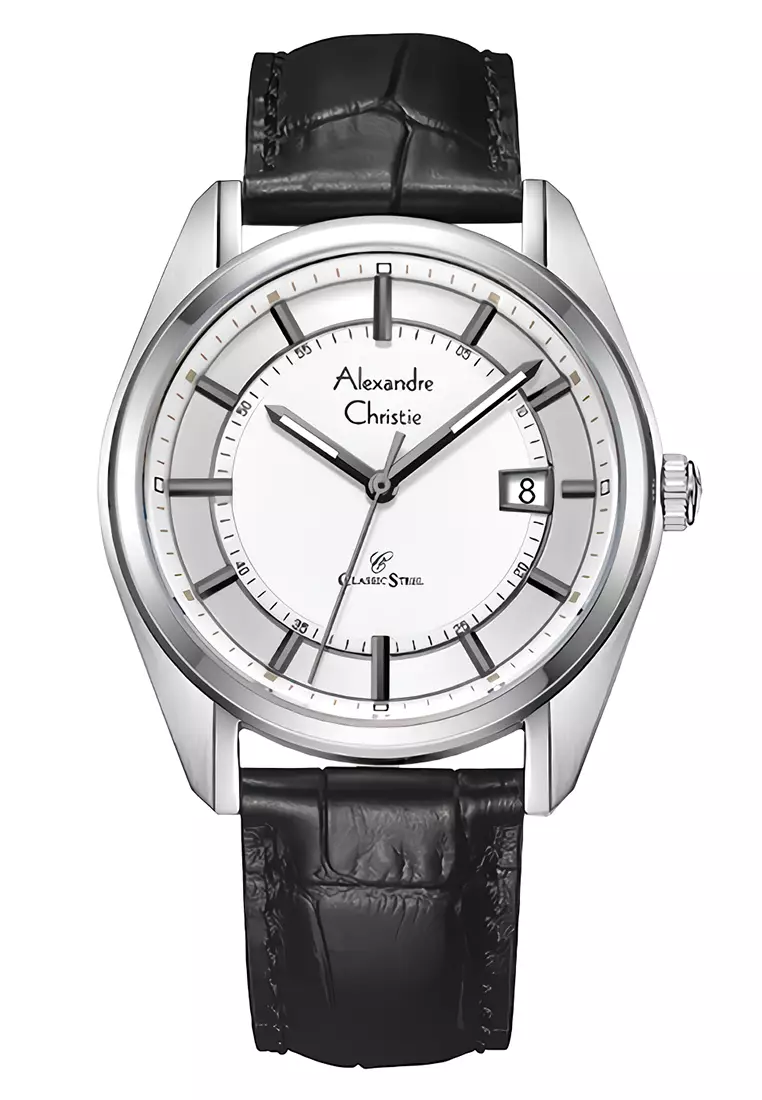 Alexandre Christie Classic Steel - Jam Tangan Analog Pria - Silver Case Black Leather Strap - 8695MDLSSSL