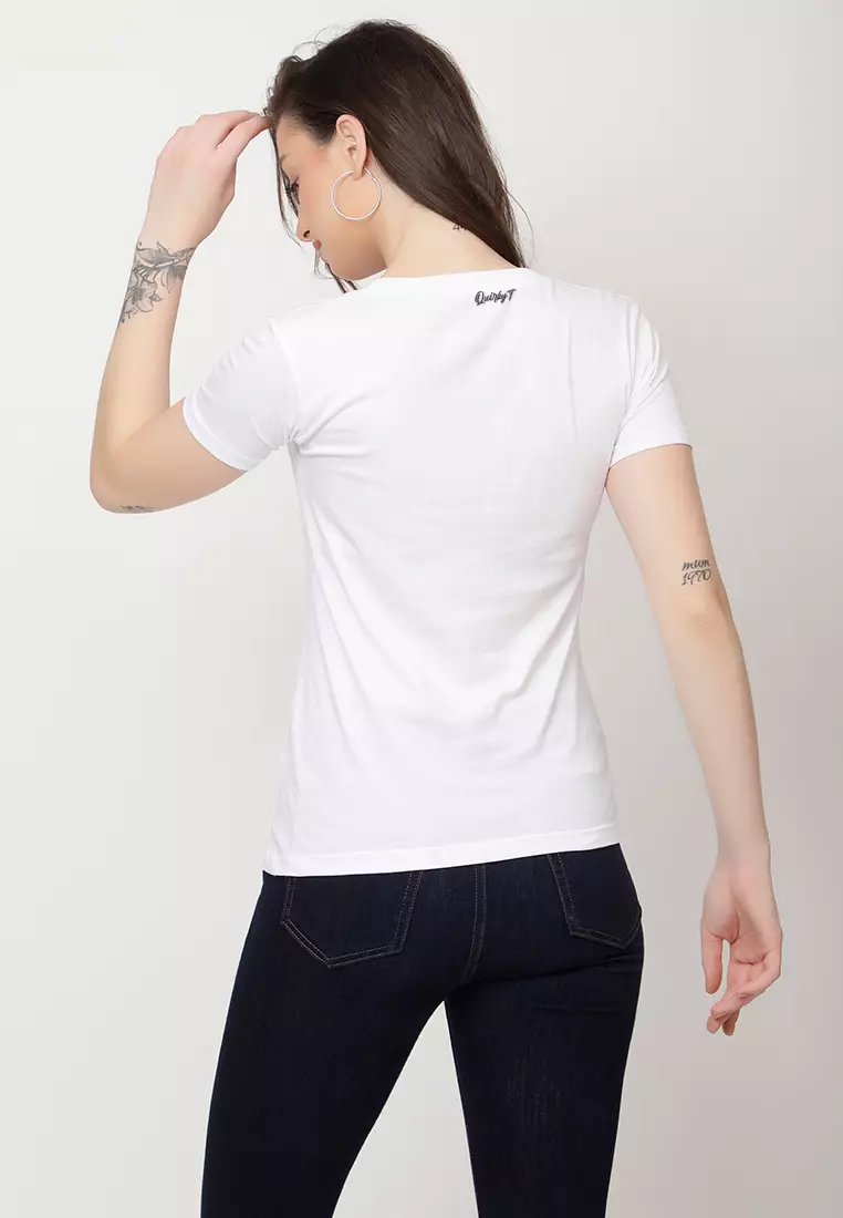 女式可爱熊猫图案白色棉质修身短袖圆领T恤