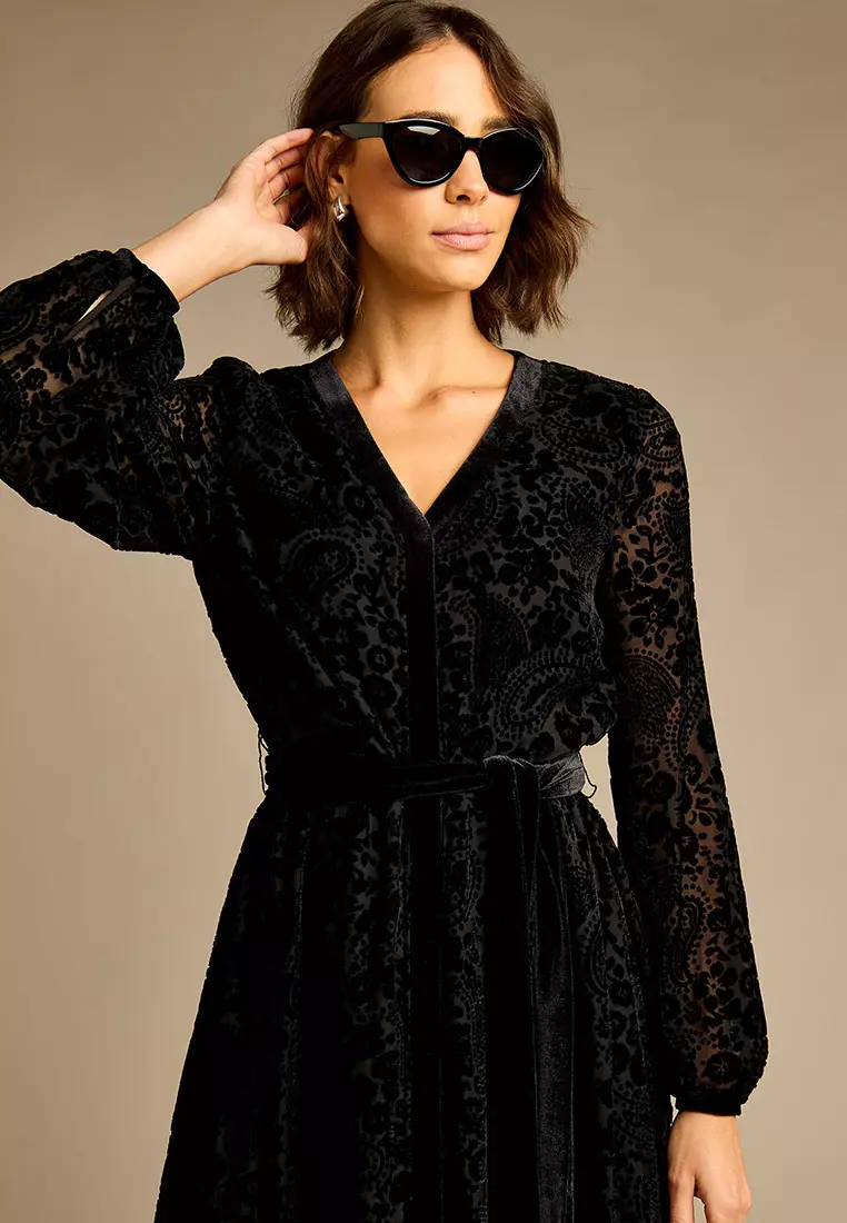 chinese dress ladies Plus Size Black Velvet Devore Cowl Neck Maxi Dress – Fashion//SZN main image 1