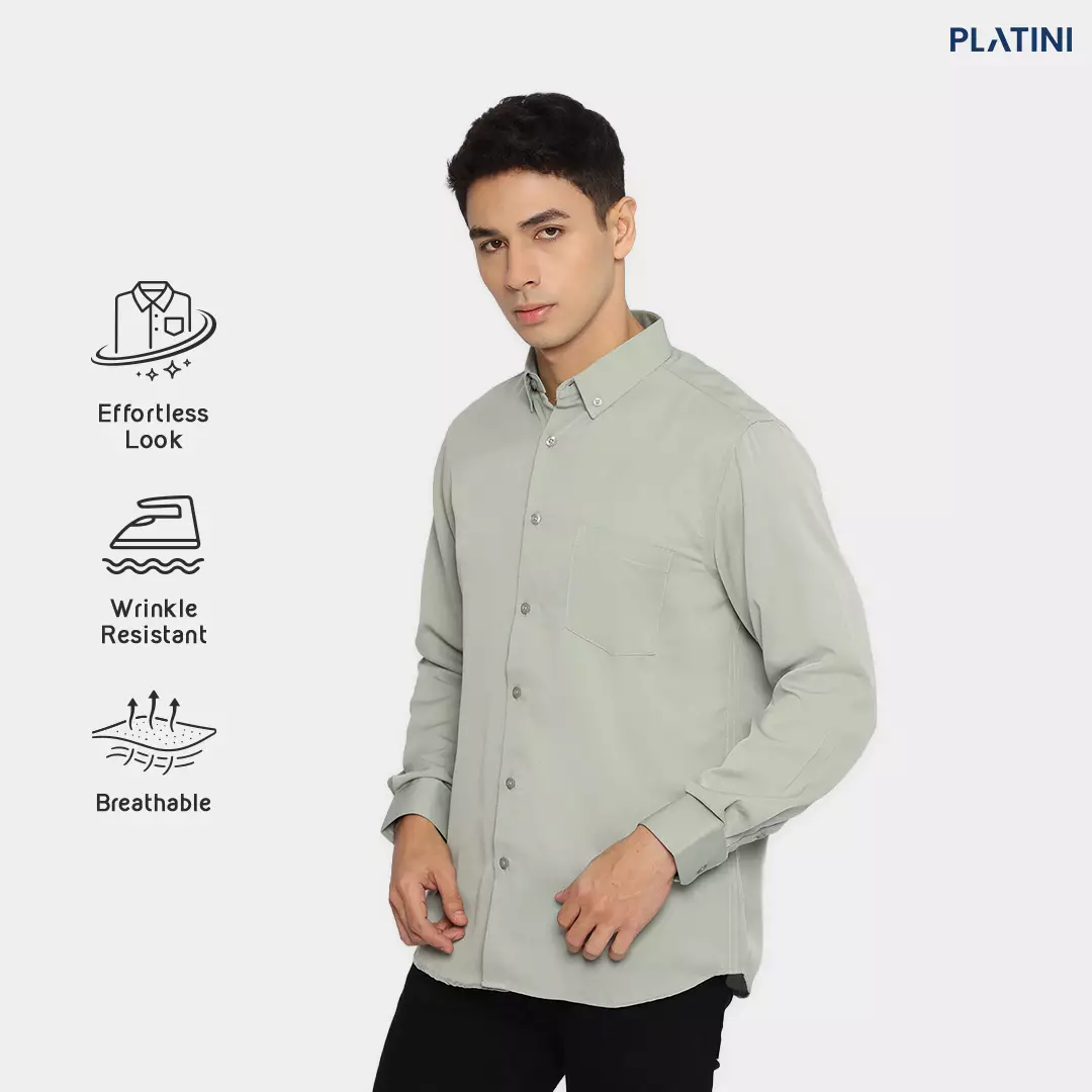 Platini Baju Kemeja Pria Lengan Panjang Polos Polinosic Hijau Sage 66248