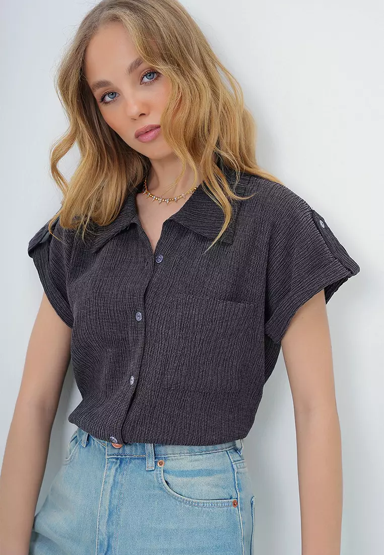 Women's Anthracite Cuffed Double Short Sleeve Textured Shirt