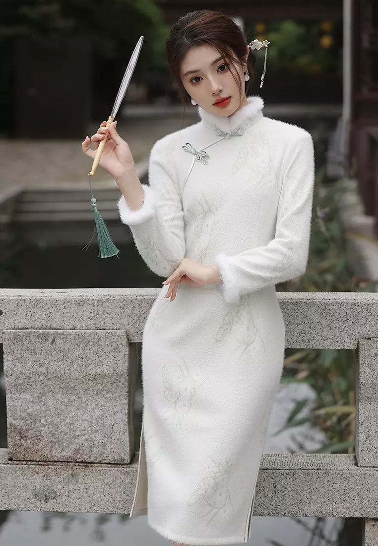 Temperament imitation mink soft mid length cheongsam dress CA122722GR