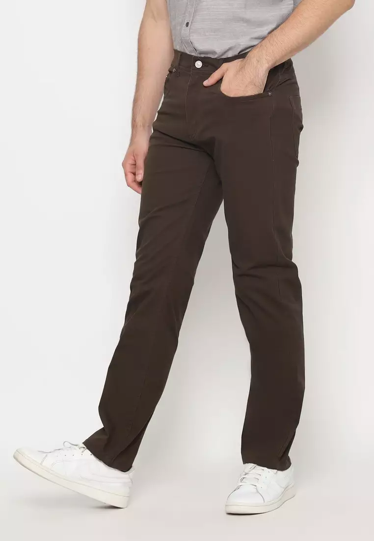 POLICE Celana Chino Panjang V Pocket Dark Olive Regular Fit Cotton Premium Pria