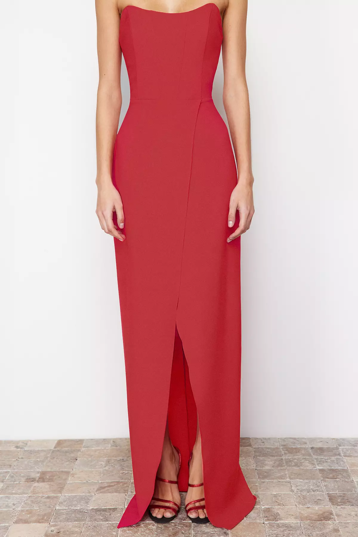 Red Corset Detailed Woven Long Evening Dress