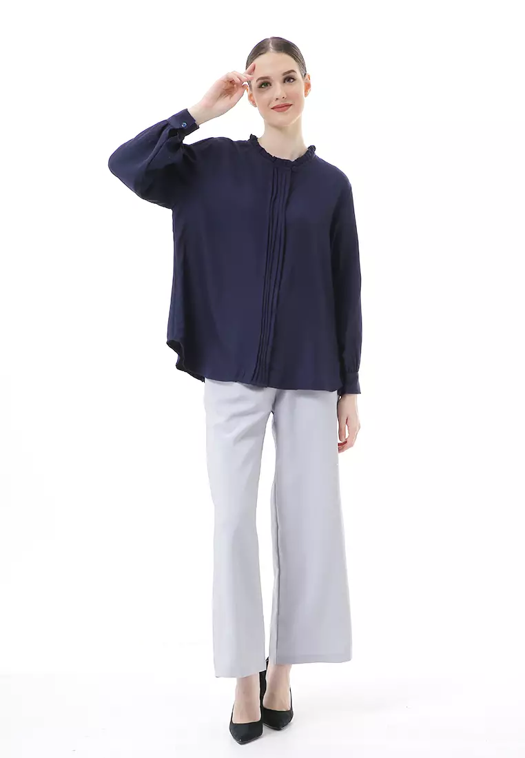 Vionka Kemeja Atasan Wanita Opnaisel Motif Polos - Navy