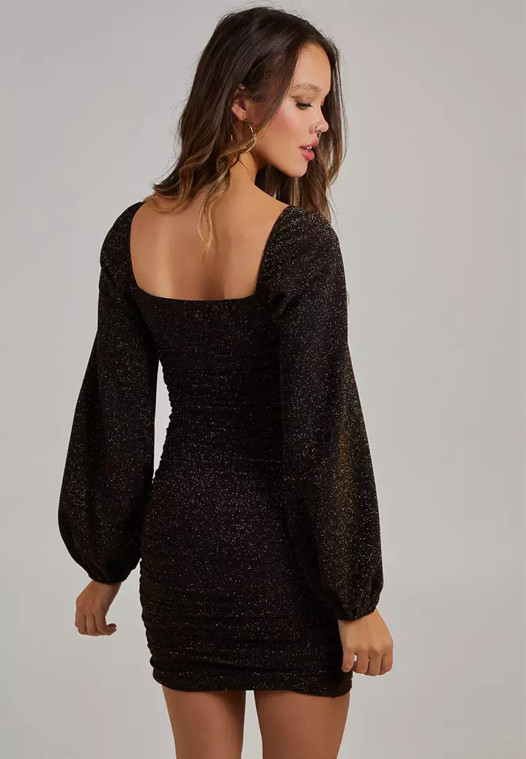 Pink Vanilla Bronze Glitter Notch Long Sleeve Dress