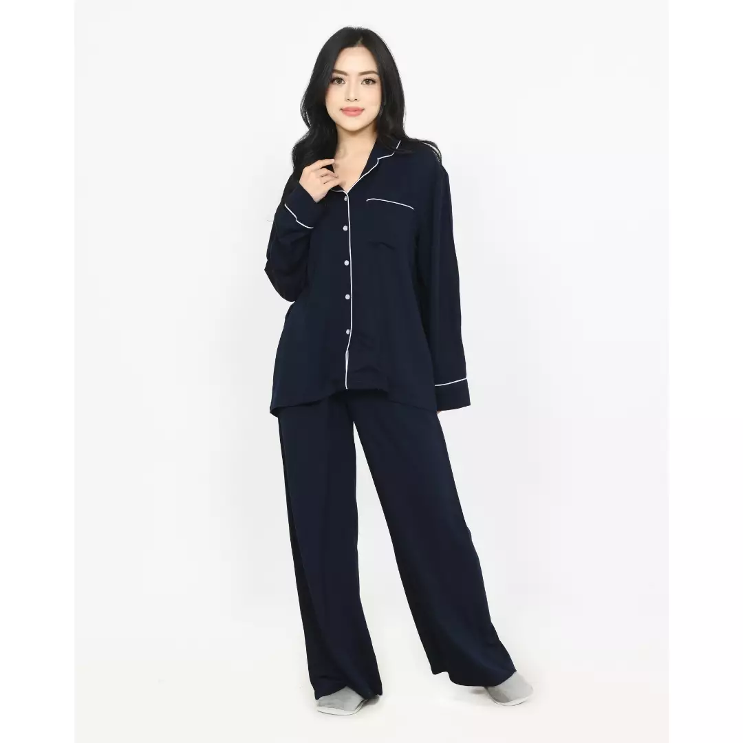 Pyjama Cotton Basic [NAVY] Baju Tidur Long Sleeve Long Pants Sleepwear