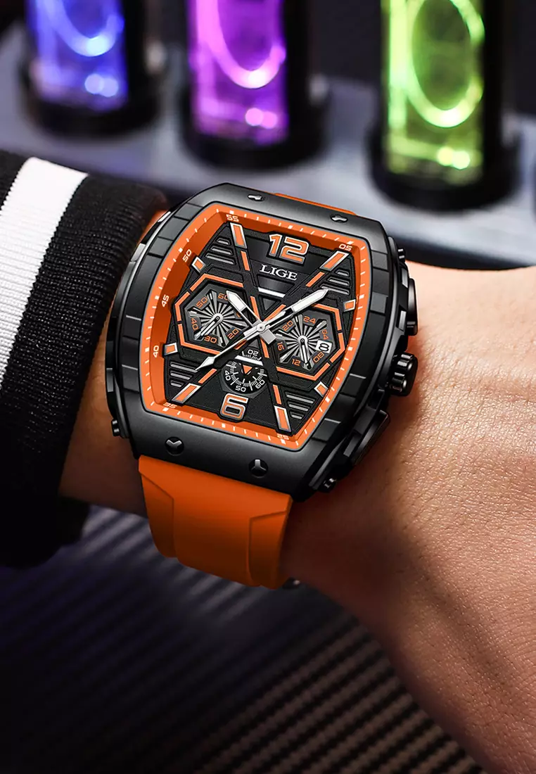 Unisex Tonneau Shaped IP Black Quartz Watch on Rubber Strap