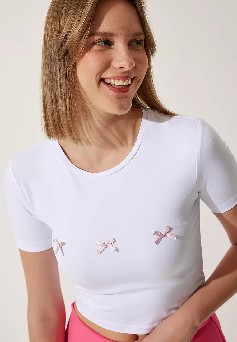 Koton Maglietta Donna Crop Top In Viscose Mix Con Dettaglio Bottoni E Pizzo – Colore Ecru, Taglia XL