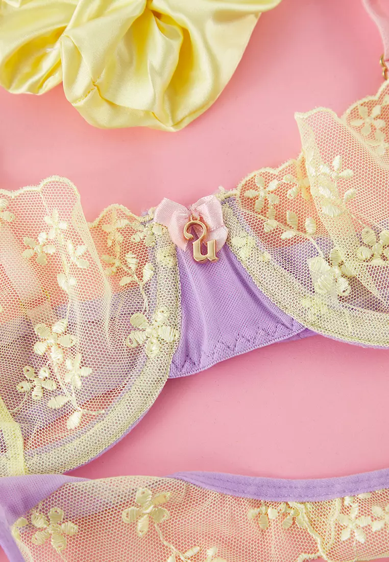 Lilac Yellow Tulle Garter Buckle Leg Band Capless Suspender Knitted Underwear Set