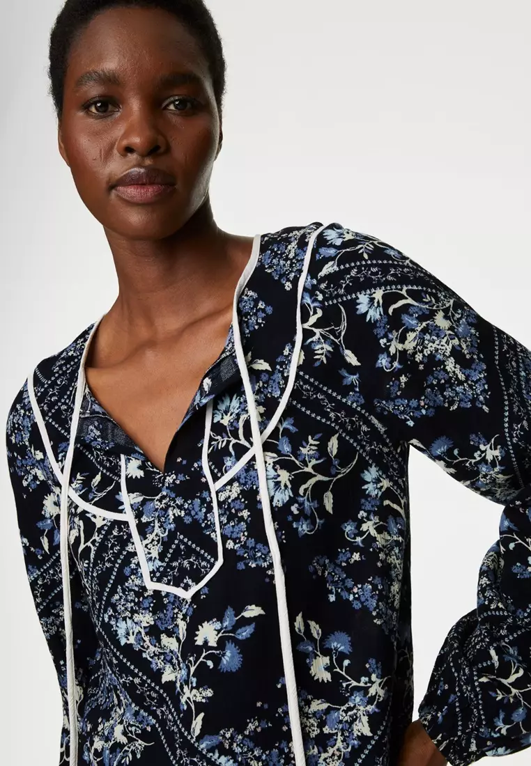 Cotton Blend Printed V-Neck Blouse