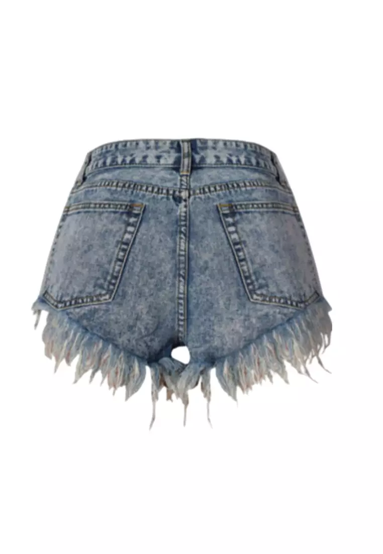 Slim High-Waisted Frayed Irregular Leaky Pockets Tassel Snowflake Nostalgic Denim Shorts