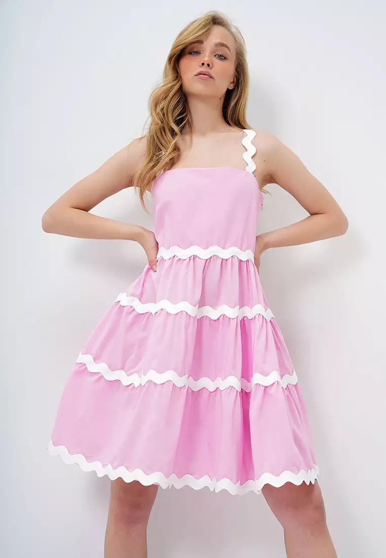 Women's Pink Zigzag Stripe Detailed Hidden Zipper Poplin Balloon Dress Alc-X14146