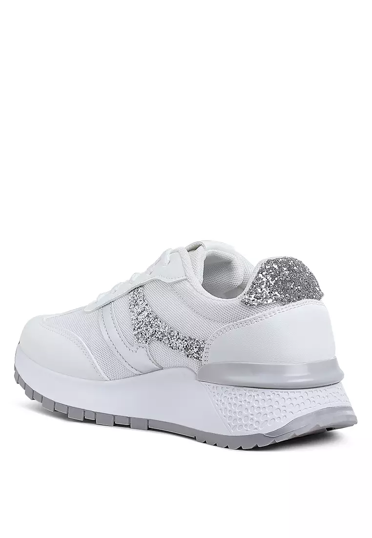 Glitter Detail Chunky Sneakers in White & Silver