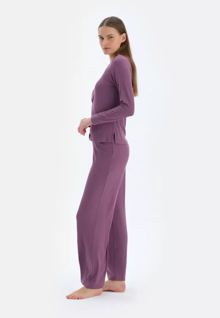 Purple T-Shirt & Trousers, V-Neck, Regular, Long Sleeve Sleepwear for Women
