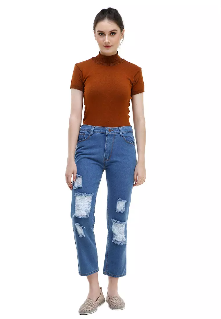 Tyler Celana Jeans High Waist Boyfriend Ripped Bawahan Wanita Design Simple - Biru Medium