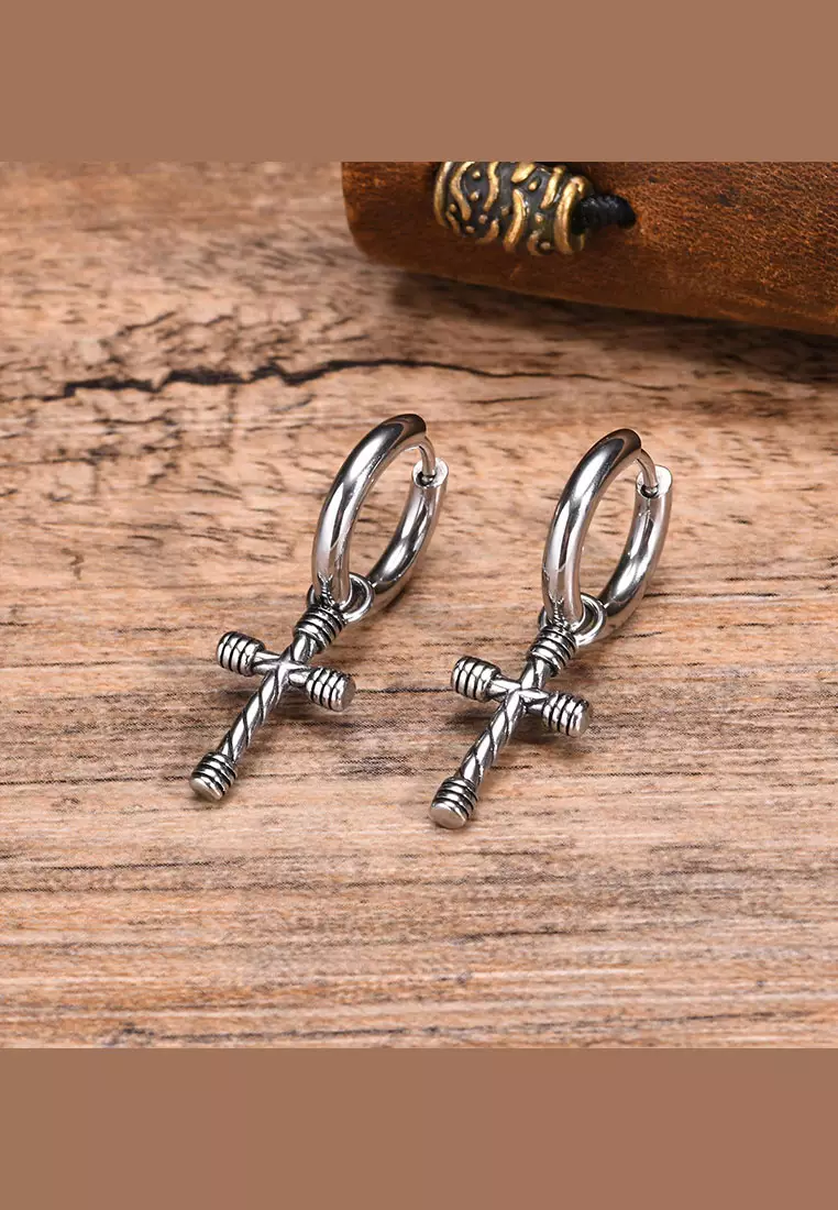 Buy HAPPY FRIDAYS Unisex Stainless Steel Drop Cross Hoop Earrings