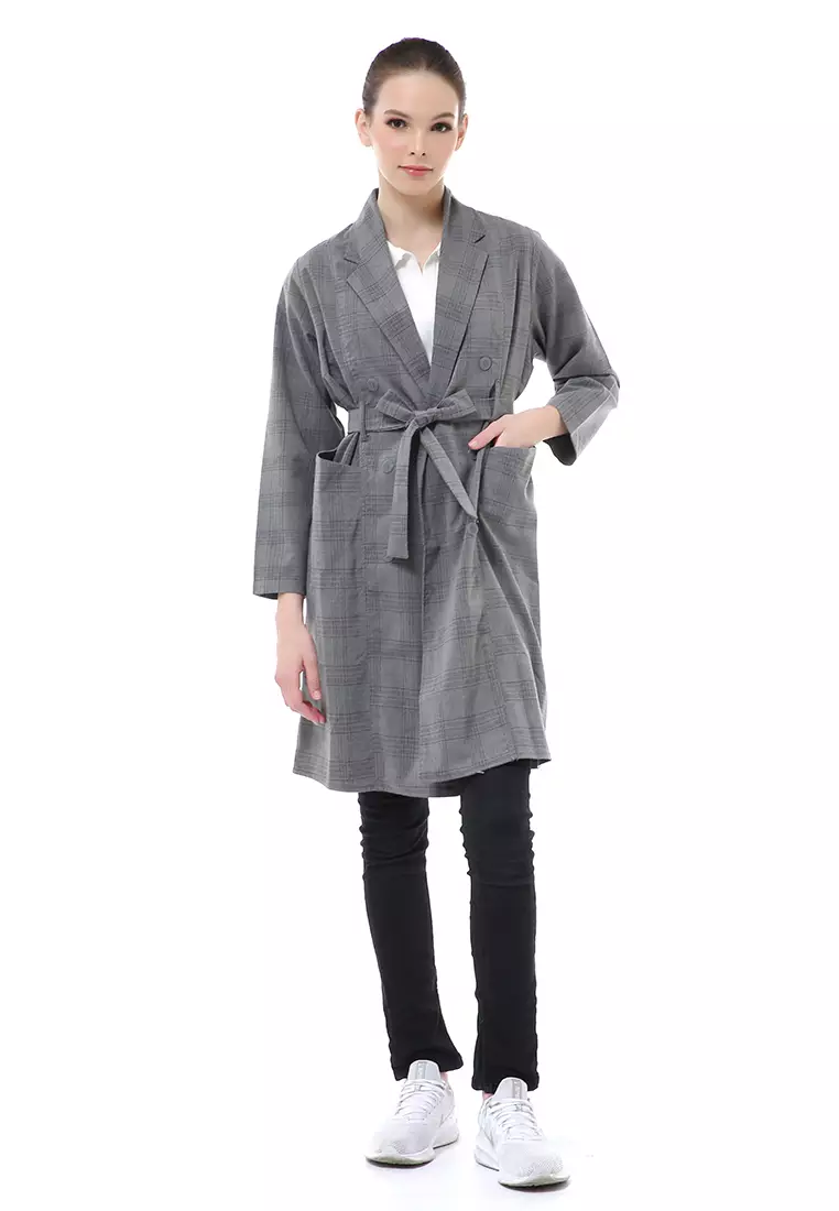 Myra Outerwear Wanita Blazer Tali Pinggang Lengan Panjang Material Semiwol ORIGINAL - Gray
