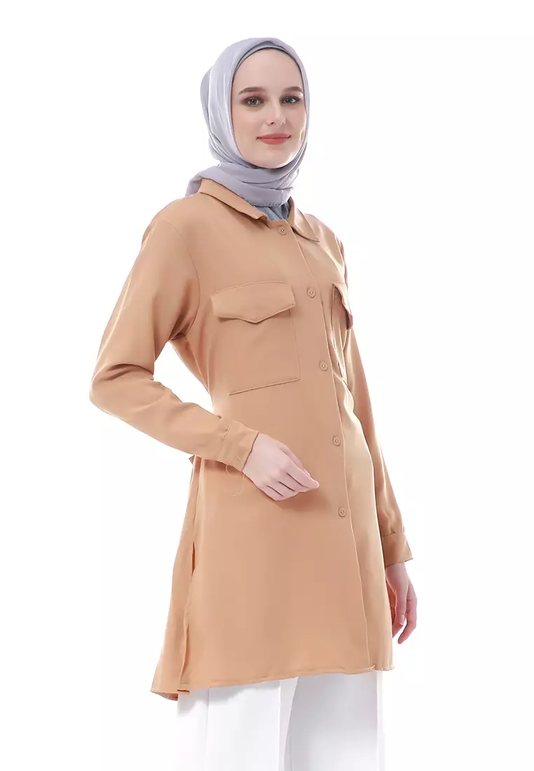 Babyla Long Tunik Pakaian Atasan Muslimah Wanita Motif Polos - Mocca