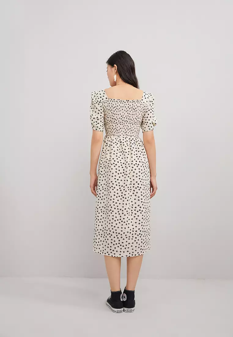 Square Neck Textured Floral Long Dress