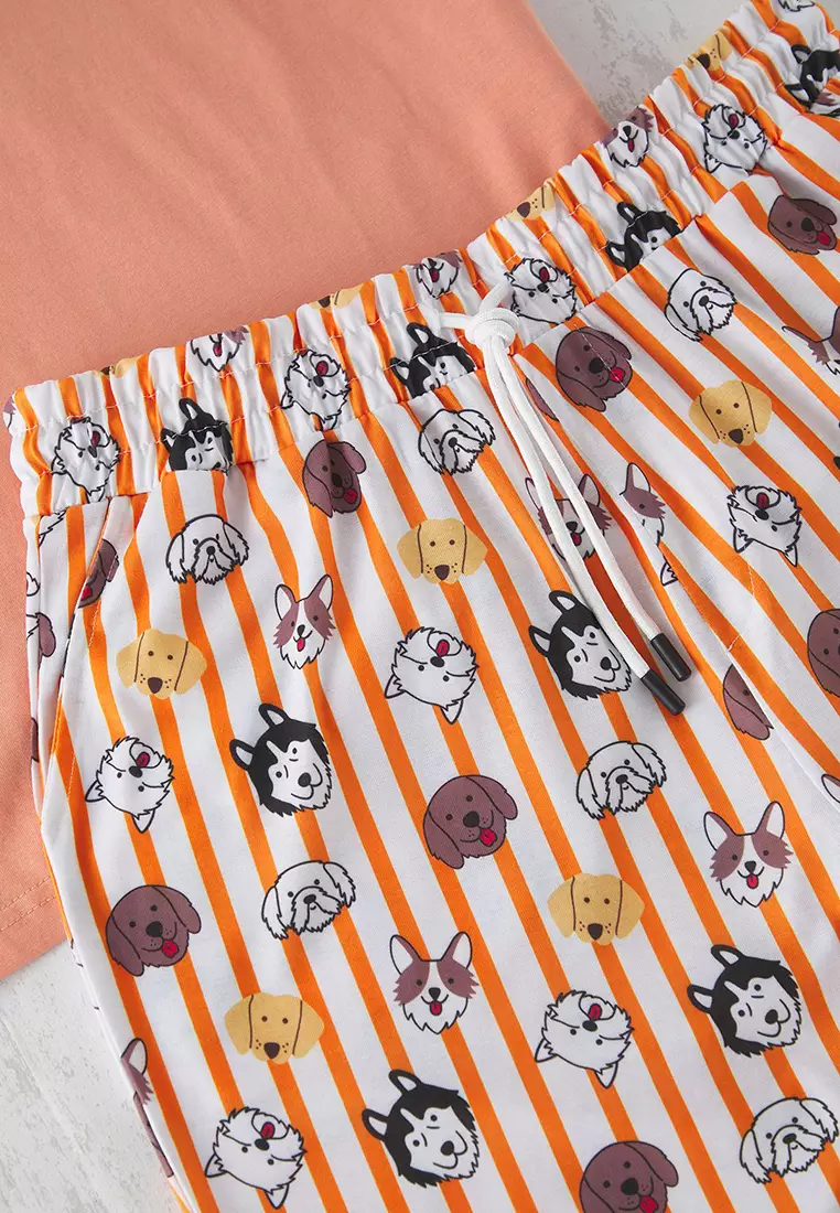Orange Regular Fit Dog Printed Knitted Shorts Pajama Set TMNSS23PT00000