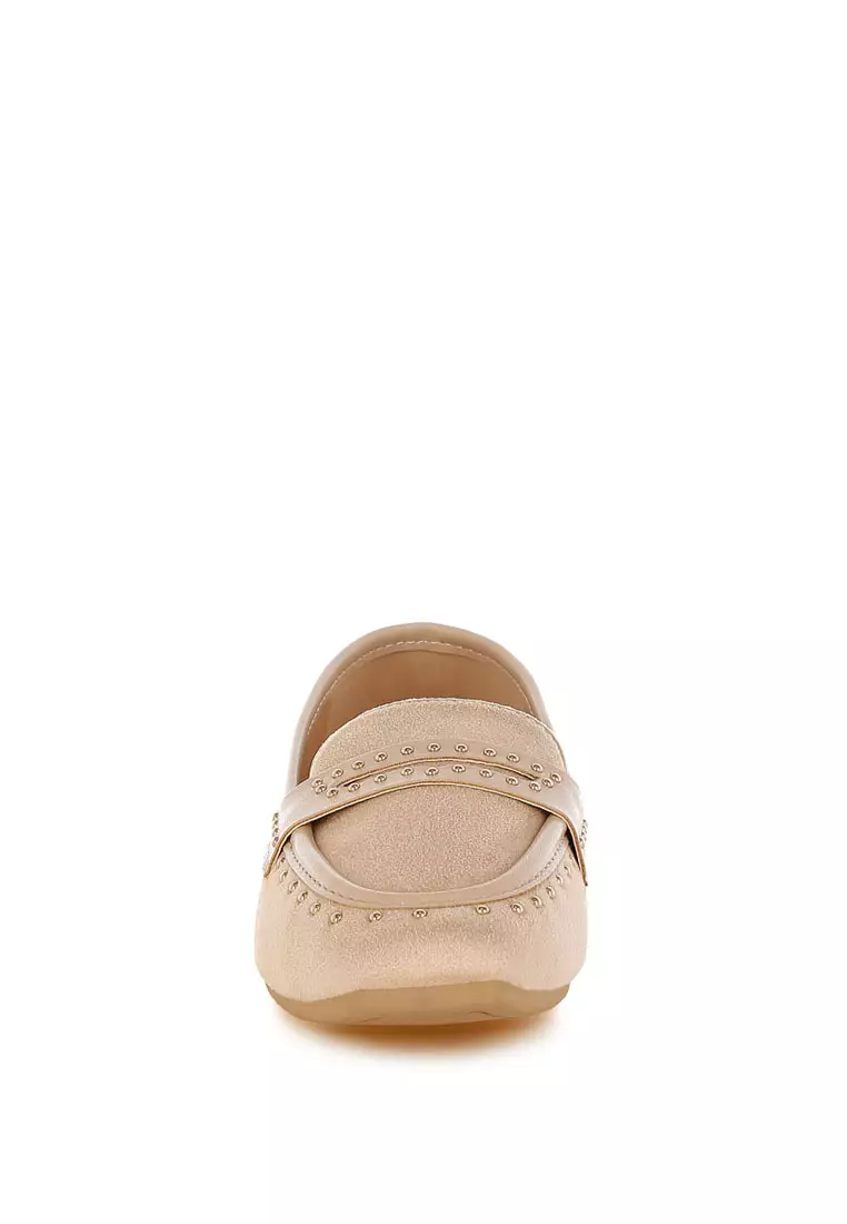 Penny Strap Studded Loafers In Beige