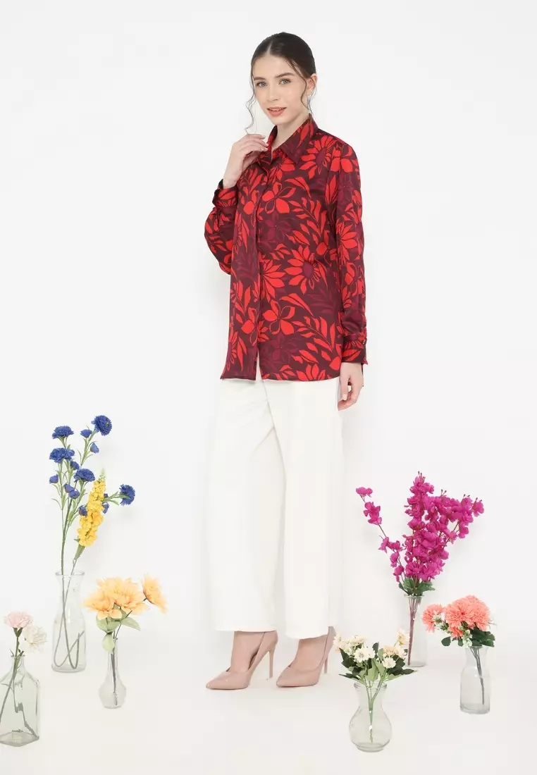 Red floral printed shirt for Independence Day By Brilliant Girl Warna MERAH