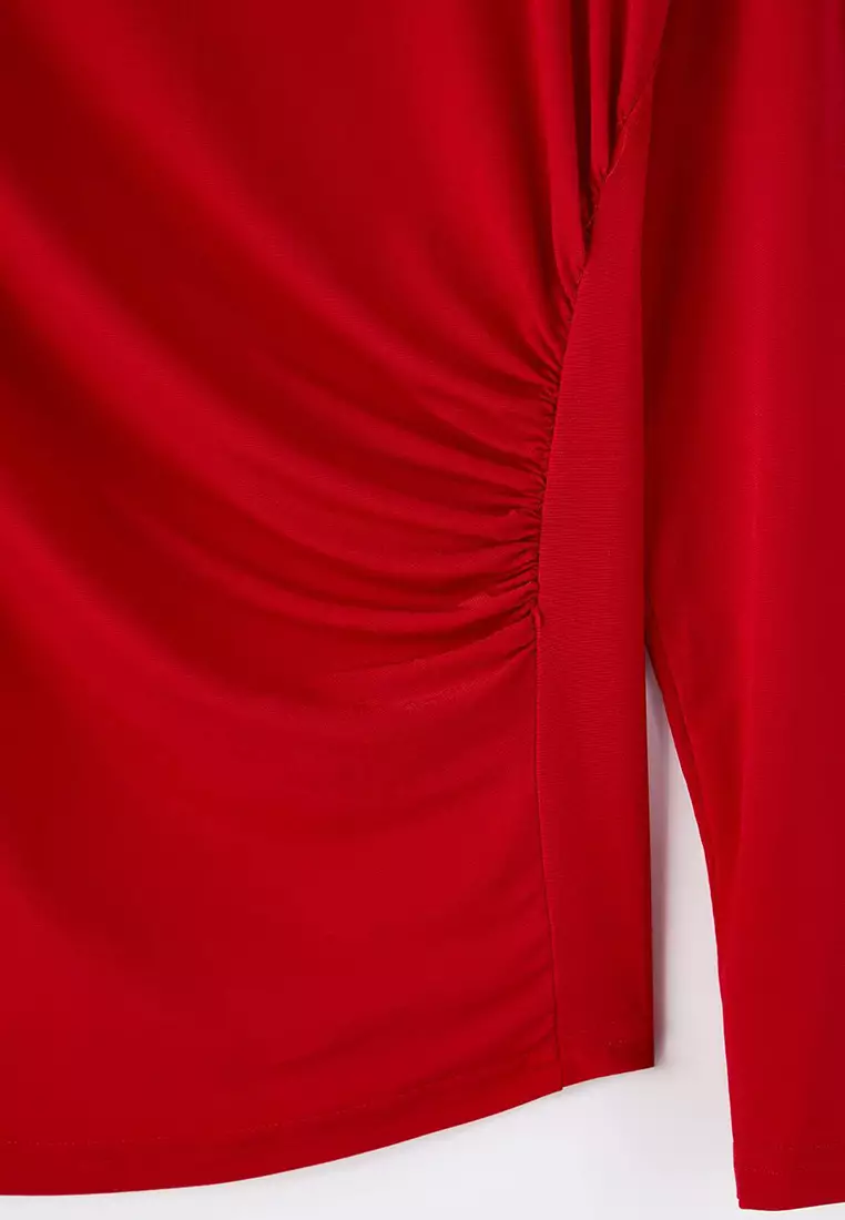 Red Sandy Ruched Detail Long Arm Knitted Large Size Blouse Tbbaw26Af00104